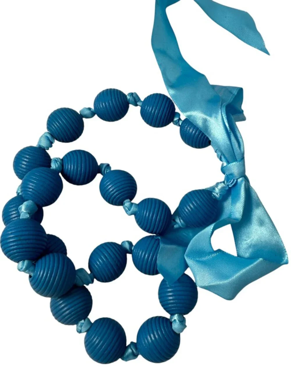 Blue Ribbed Bead Gumball Statement Necklace Satin Ribbon Tie Chunky Boho